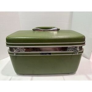 Vintage Samsonite Train Case Green Vanity Makeup Travel Case Tray Key & Mirror